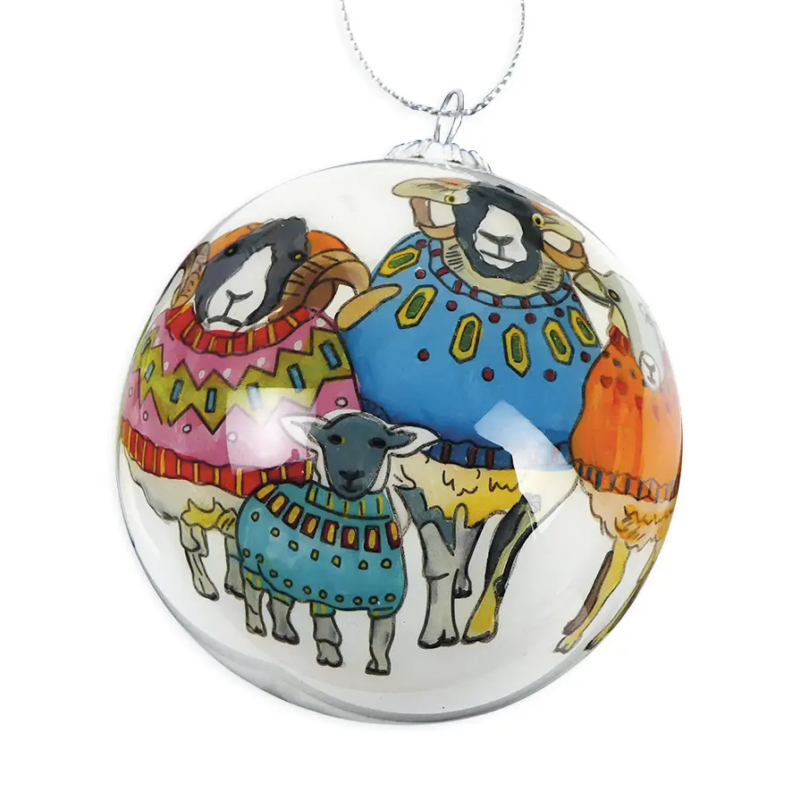 Cornwall Bauble – Sheep in Sweaters Hand-Painted Glass Bauble